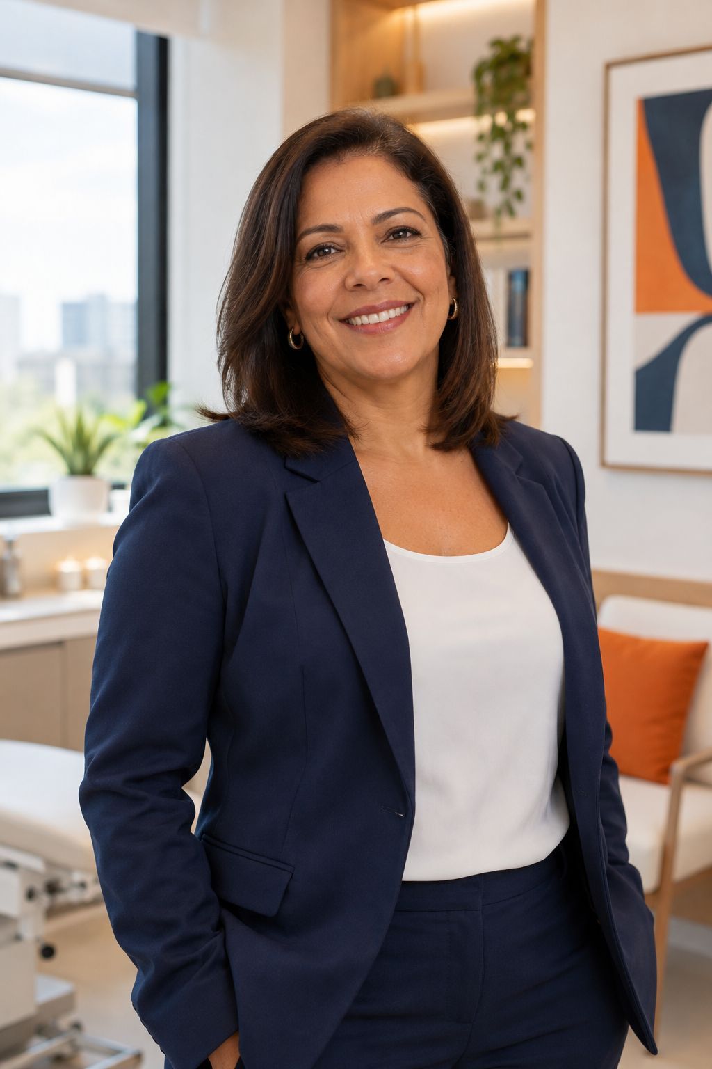 Denise, mulher parda de cabelo escuro e blazer azul-marinho, sorrindo de pé num consultório claro