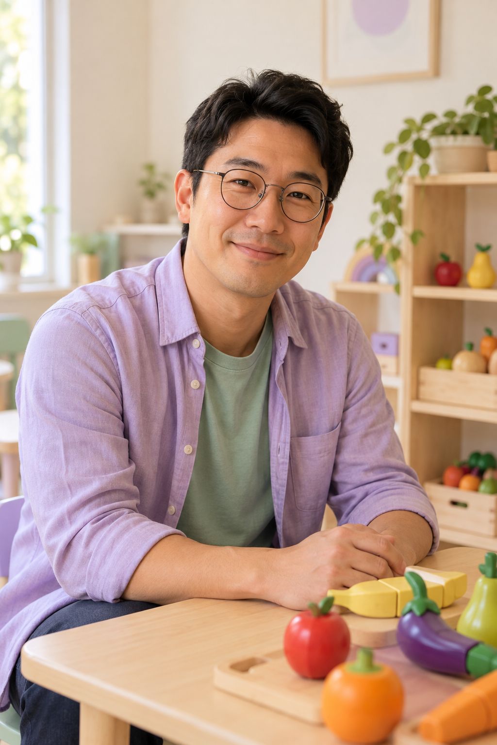 Pedro, homem de ascendência japonesa, de óculos e camisa lilás, sentado a uma mesa baixa com frutas e legumes coloridos