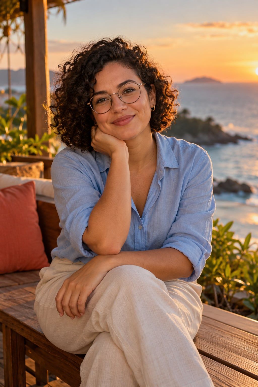Luana, mulher parda de cabelo cacheado curto e óculos redondos, sorrindo num banco de madeira numa varanda com vista para o mar