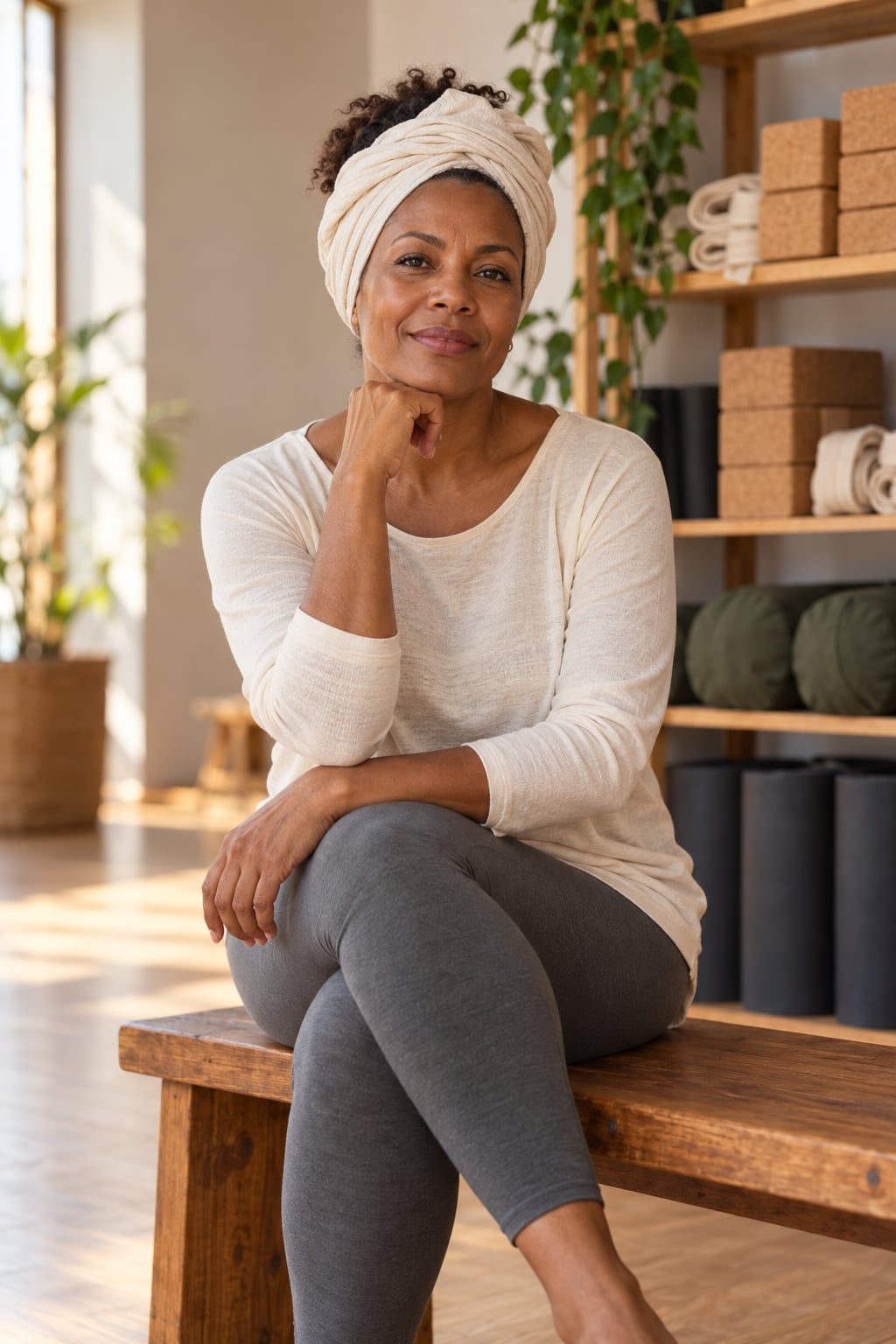 Beatriz, mulher preta de turbante de tecido cru e blusa off-white, sentada num banco de madeira num estúdio claro com blocos e cintos na estante