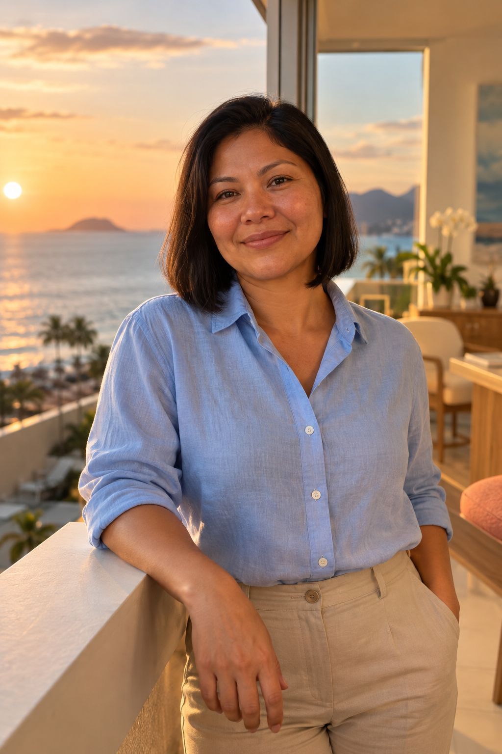 Ana, mulher indígena de cabelo preto na altura do queixo e camisa azul-clara, de pé numa varanda de frente para o mar ao entardecer