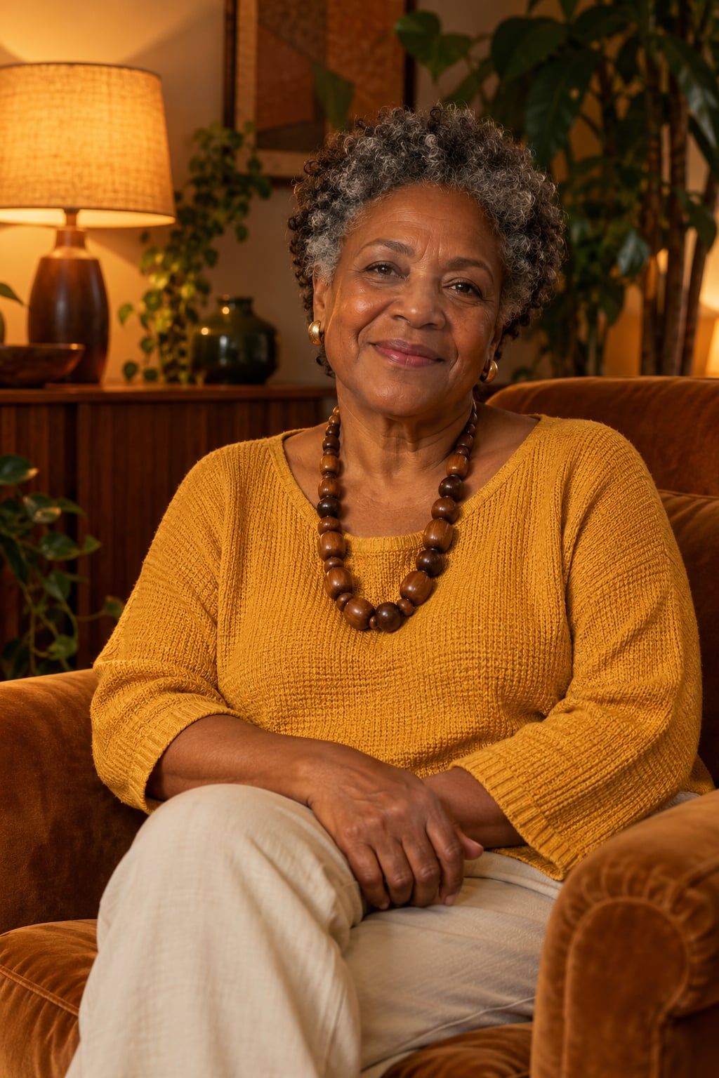 Rosa, mulher preta de cabelo crespo grisalho, blusa de tricô mostarda e colar de contas, sorrindo numa poltrona de veludo caramelo