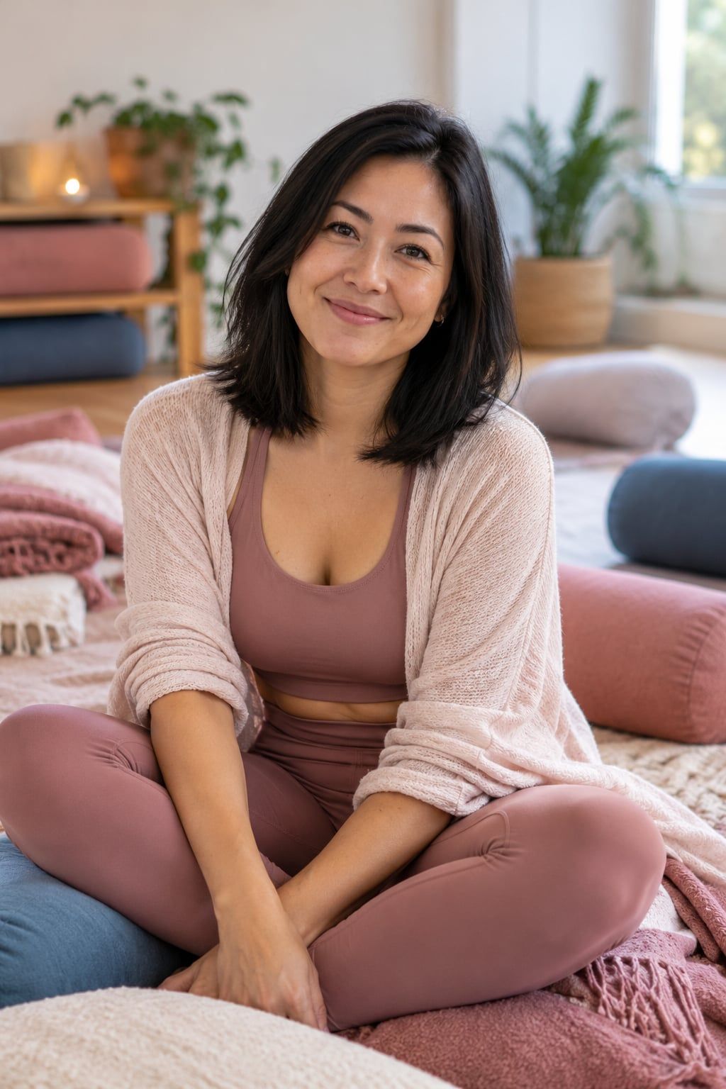 Ana Clara, mulher de ascendência japonesa com cabelo preto liso nos ombros, sentada sobre almofadas num estúdio em tons de rosa e azul
