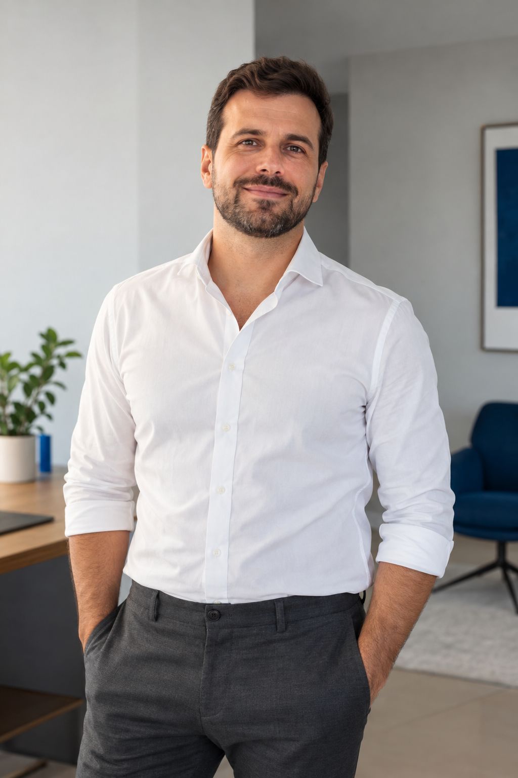 Otávio, homem branco de barba curta e camisa branca, de pé num escritório claro e minimalista