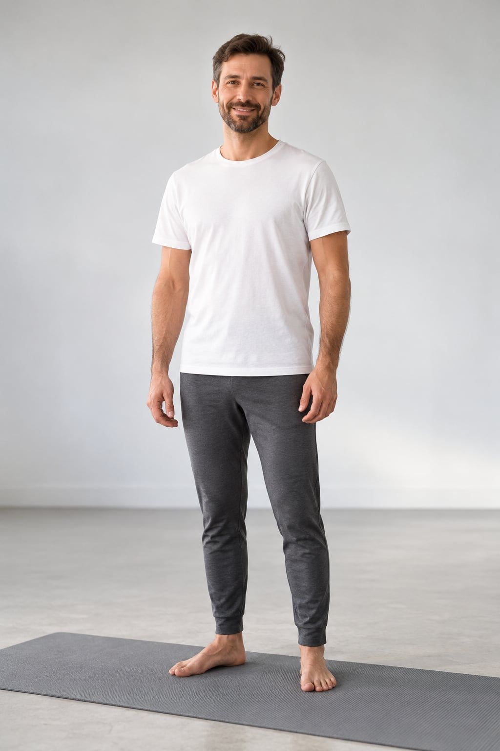 Rodrigo, homem branco de cabelo castanho curto e barba curta, de camiseta branca, em pé num estúdio branco e amplo