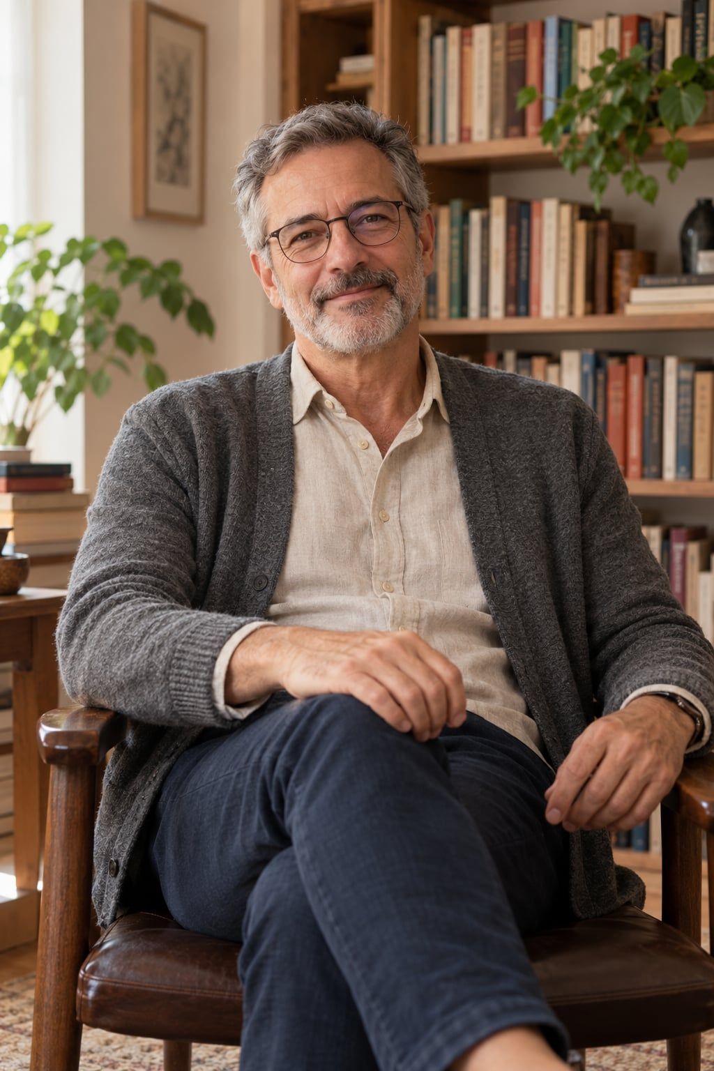 Tomás, homem branco grisalho de óculos e cardigã, sentado diante de uma estante de livros
