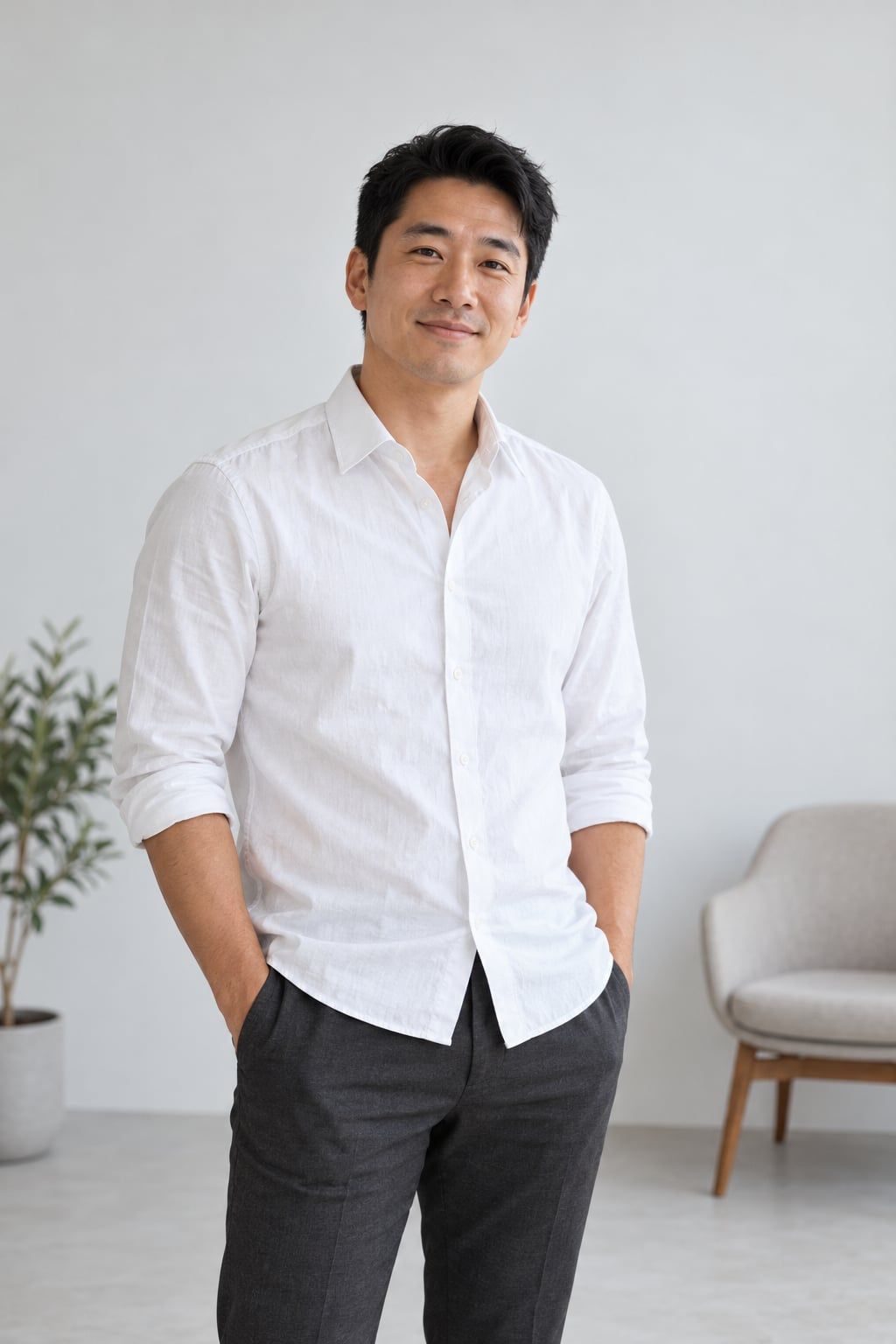 Daniel, homem de ascendência coreana, camisa branca e calça grafite, de pé com as mãos nos bolsos num ambiente claro e minimalista