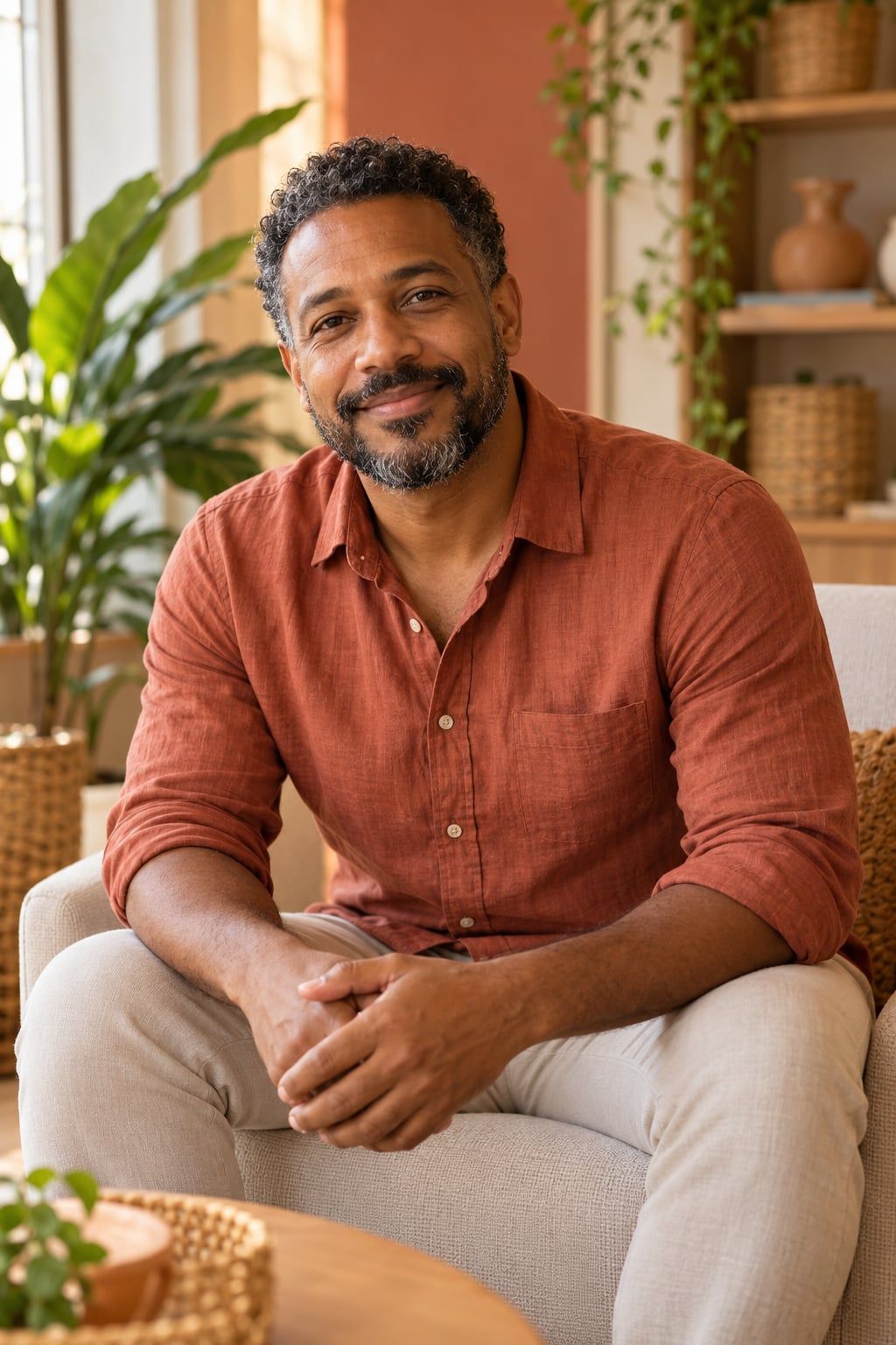 Paulo, homem preto de barba curta e camisa terracota, sorrindo numa poltrona de tecido cru em consultório com plantas e cerâmicas