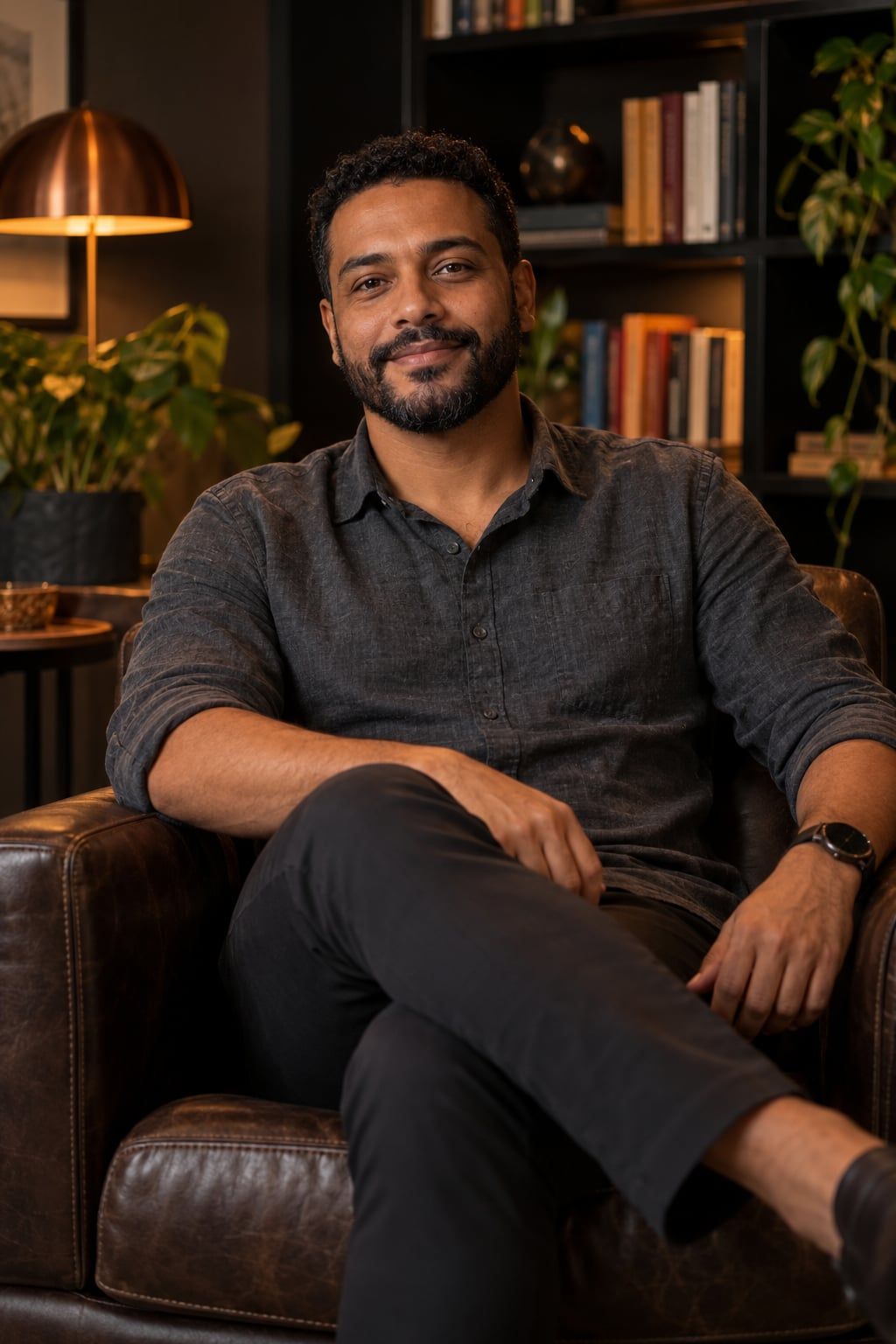 Gabriel, homem pardo de cabelo crespo baixo, barba aparada e camisa grafite, sorrindo numa poltrona de couro em sala com luz cobre