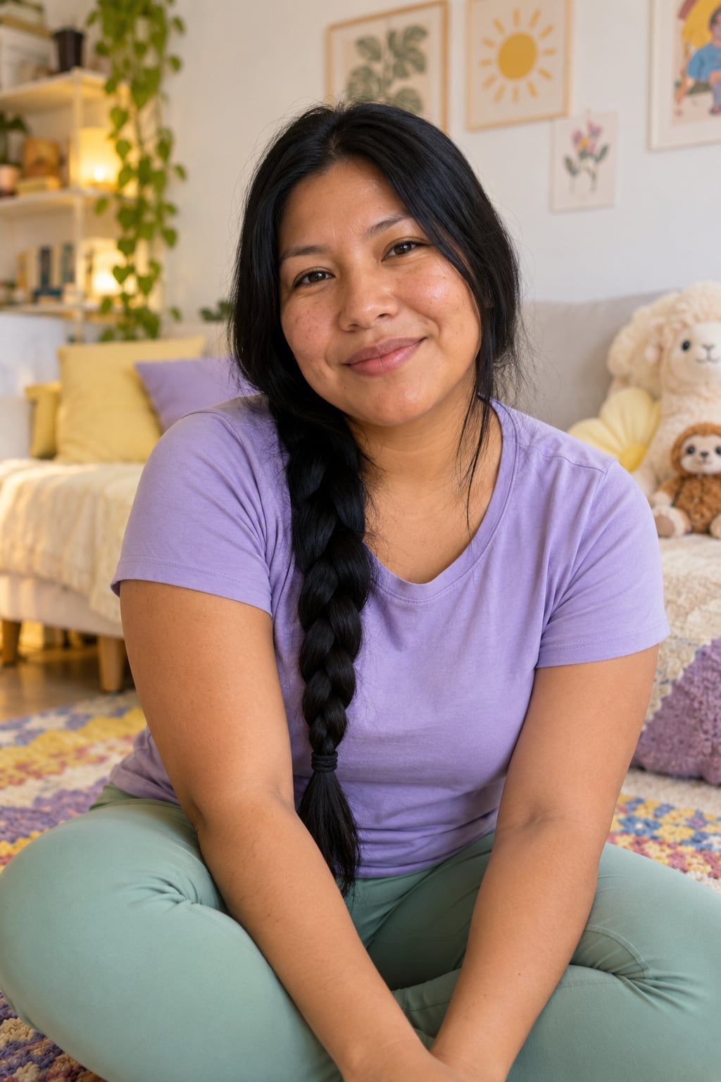 Tainá, mulher indígena de cabelo preto longo em trança, sentada num tapete colorido numa sala clara com almofadas e bichinhos de pelúcia