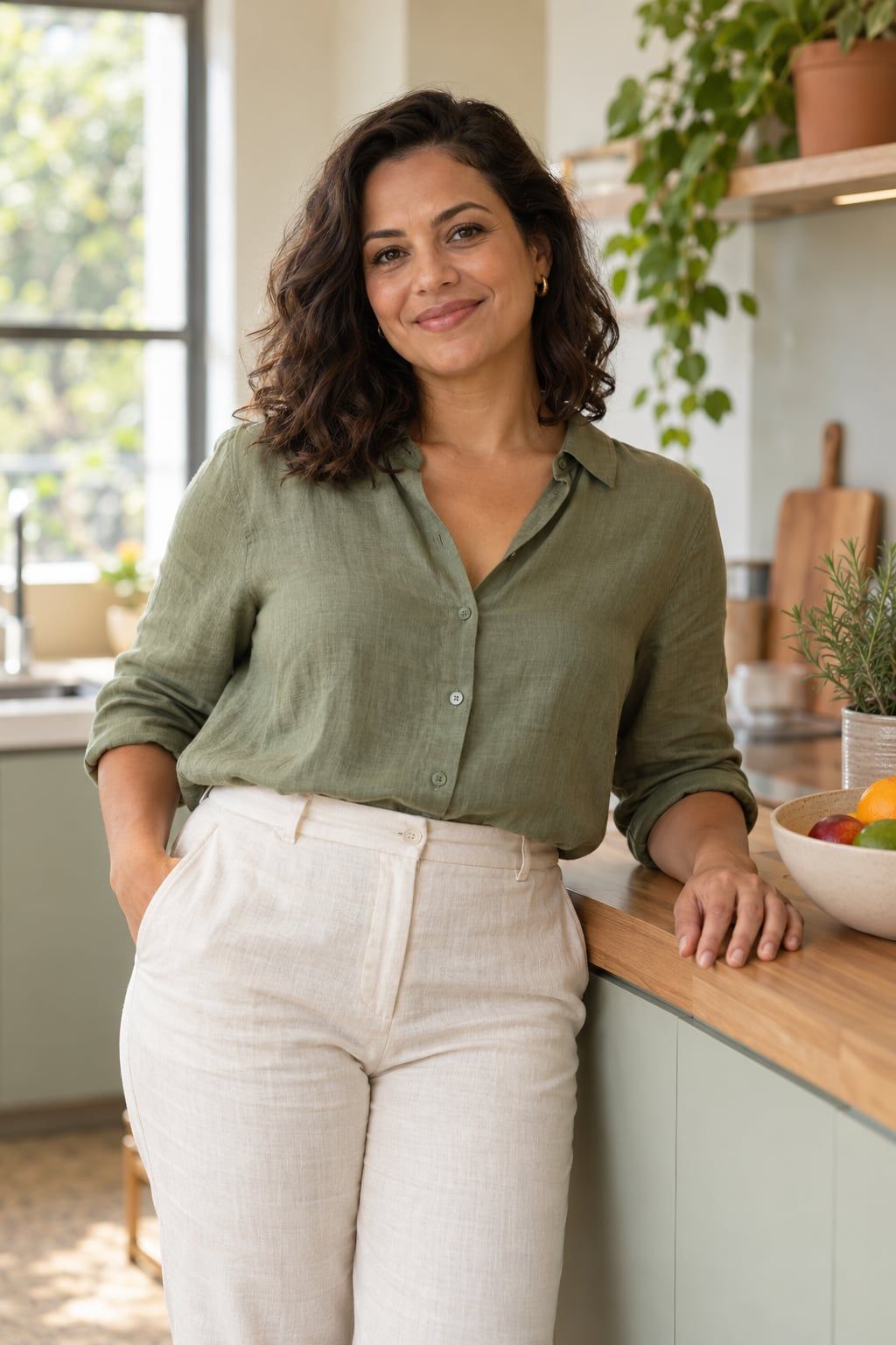Marta, mulher parda de cabelo castanho ondulado, sorrindo apoiada na bancada de uma cozinha clara, com frutas e ervas ao lado