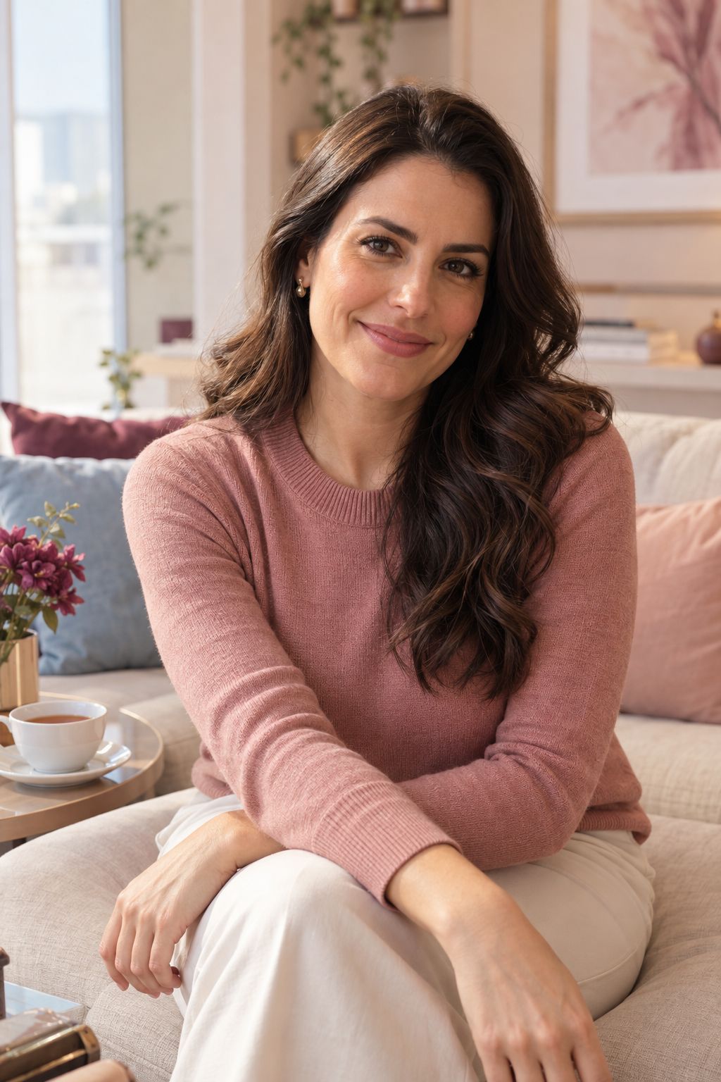 Yasmin, mulher branca de cabelo escuro longo e ondulado, sentada num sofá claro, sorrindo
