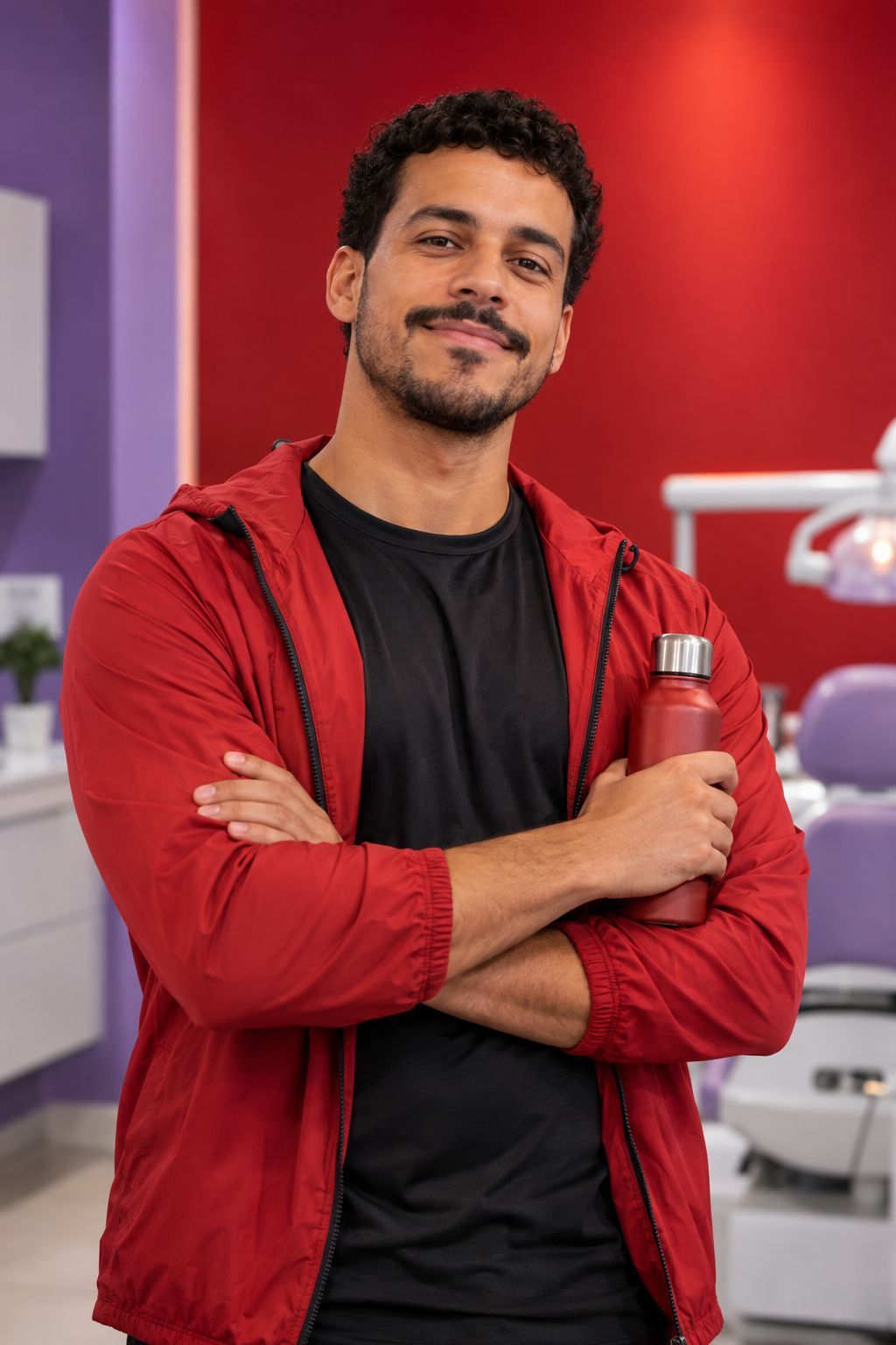 Lucas, homem pardo de cabelo cacheado e jaqueta vermelha, sorrindo de braços cruzados no consultório