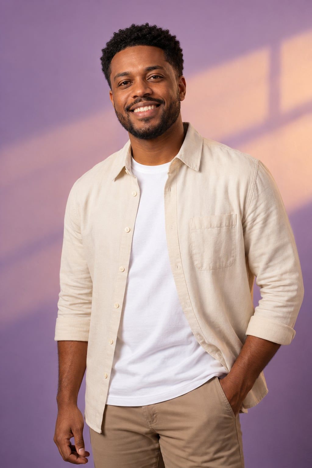 Caio, homem negro de barba curta e camisa creme, sorrindo diante de uma parede lilás