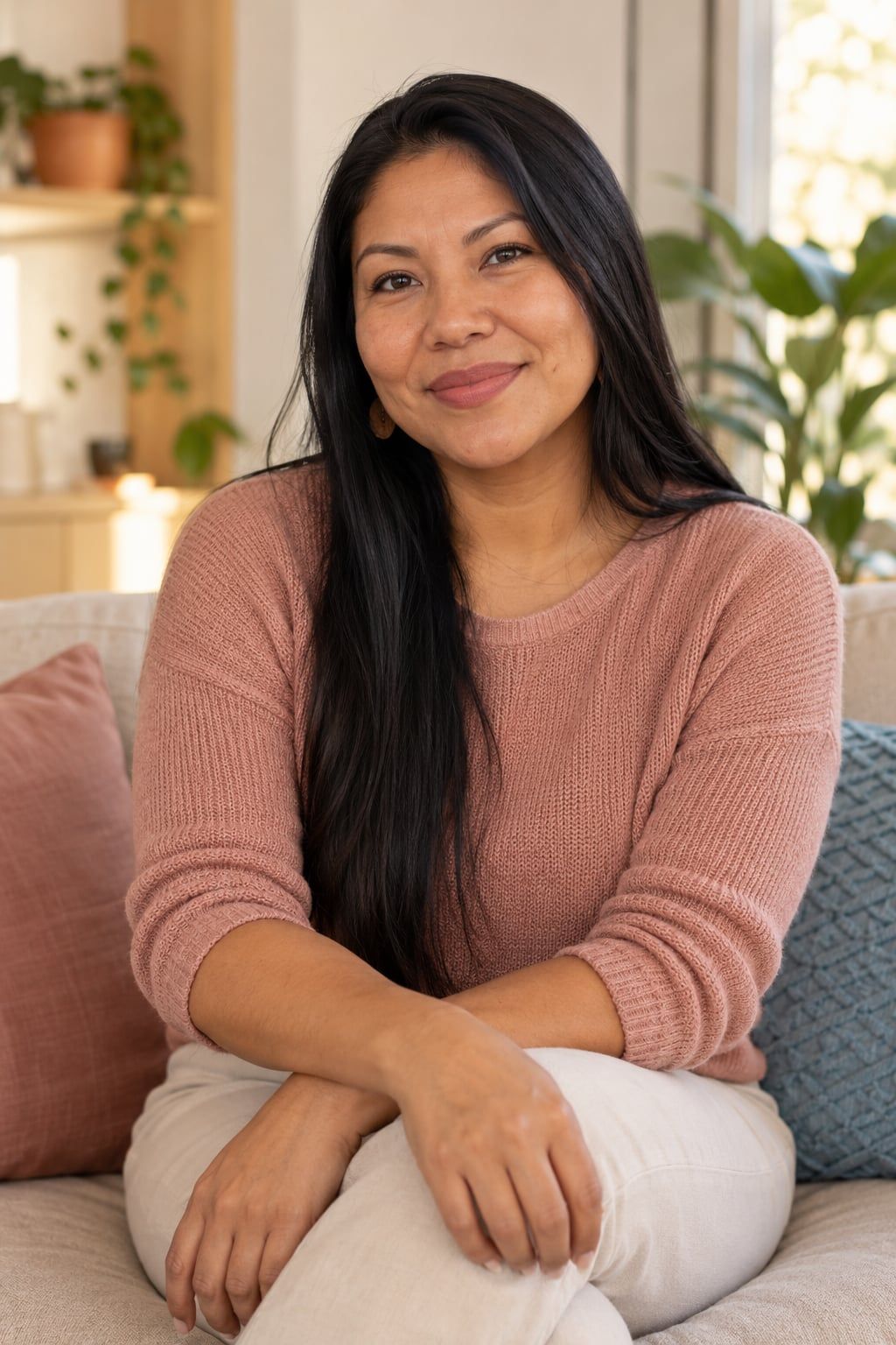 Raíssa, mulher indígena de cabelo preto longo e blusa rosa, sorrindo sentada num sofá claro