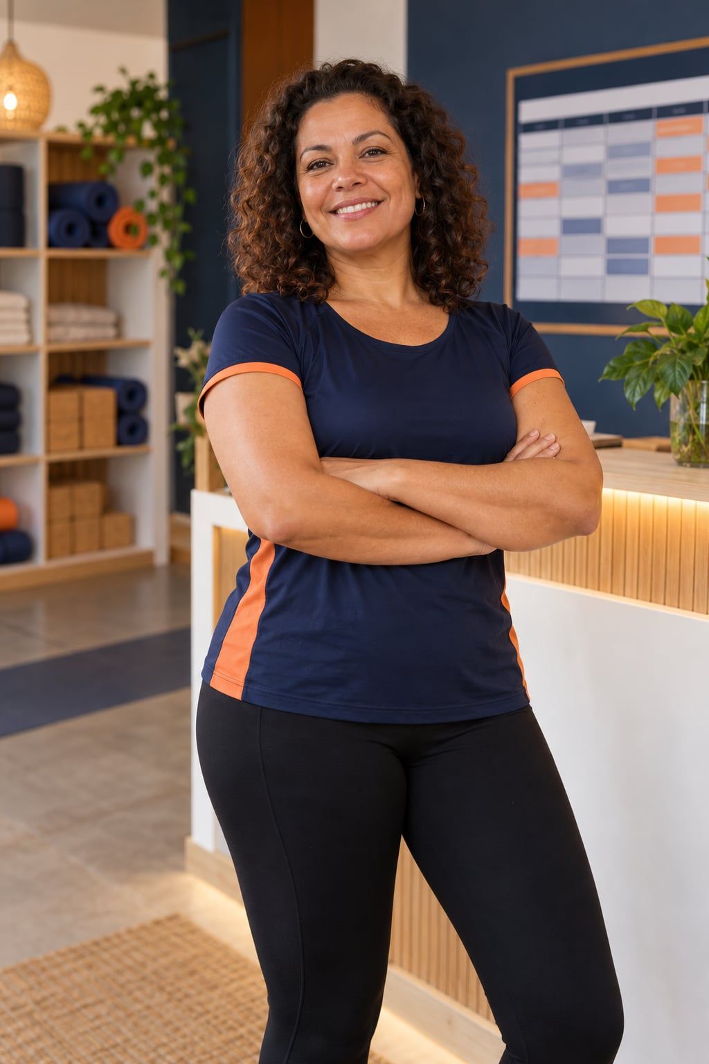 Paula, mulher parda de cabelo cacheado nos ombros e camiseta azul-marinho, de braços cruzados na recepção de um estúdio de yoga