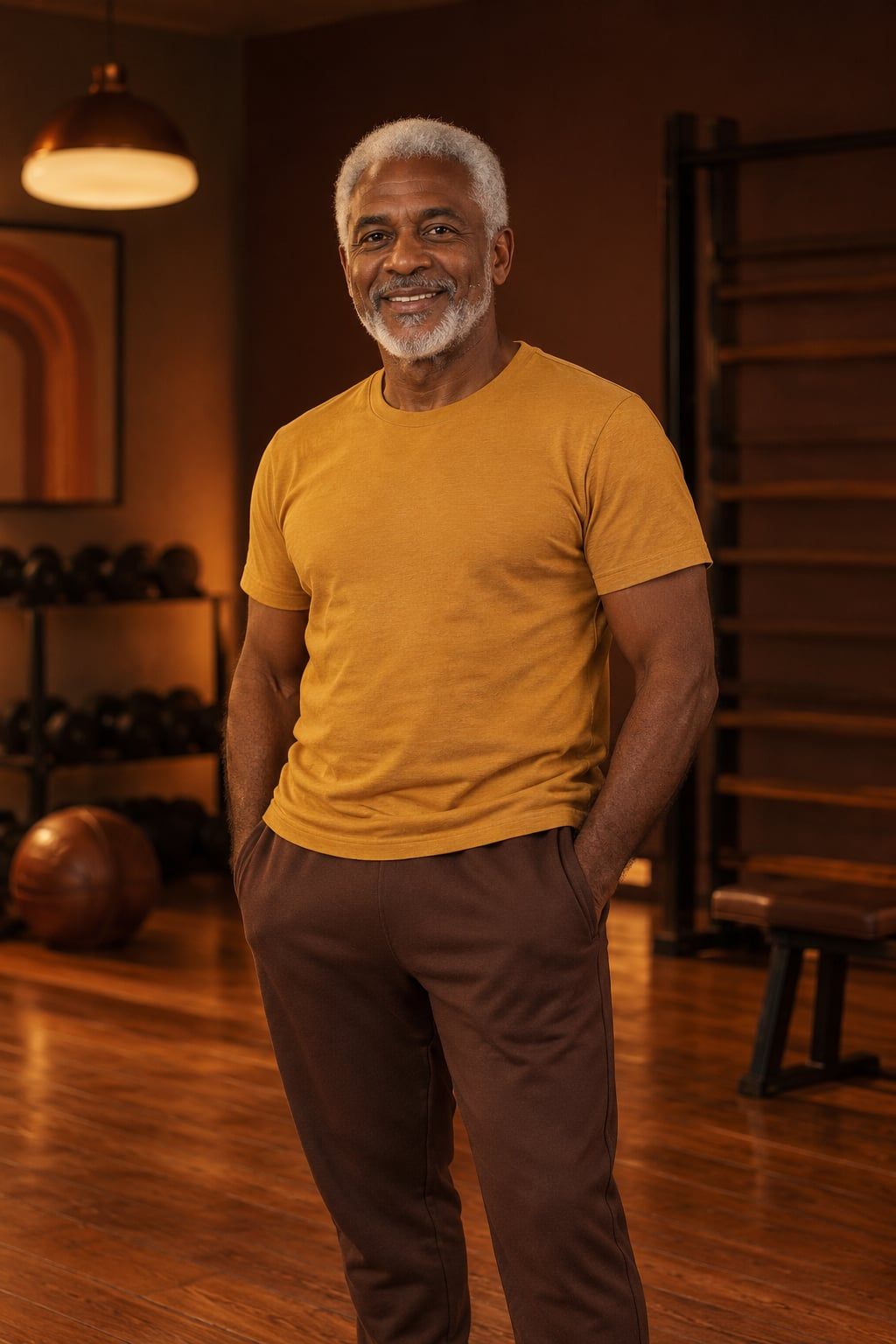 Wagner, homem preto de cabelo e barba brancos curtos, de camiseta mostarda, sorrindo num estúdio com piso de madeira e luz quente