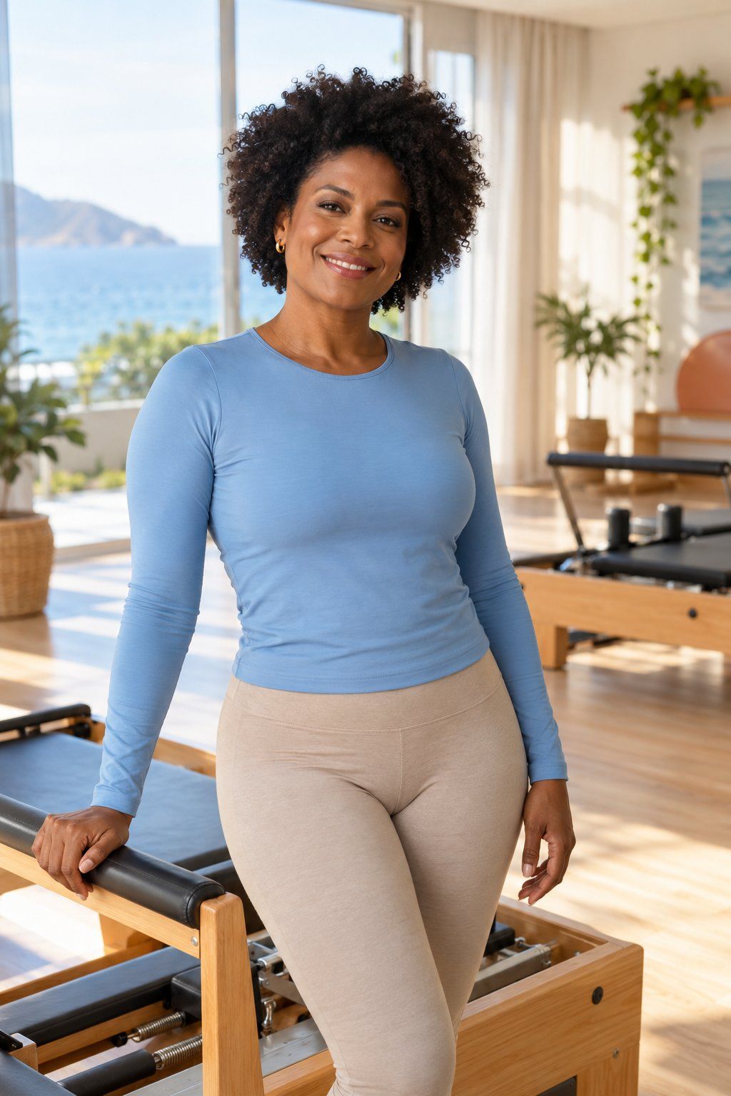 Mônica, de blusa azul-clara, sorrindo ao lado de um aparelho Reformer no estúdio de pilates, com o mar ao fundo