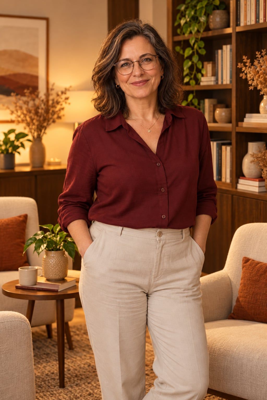 Helena de pé ao lado de duas poltronas no consultório, sorrindo para quem chega