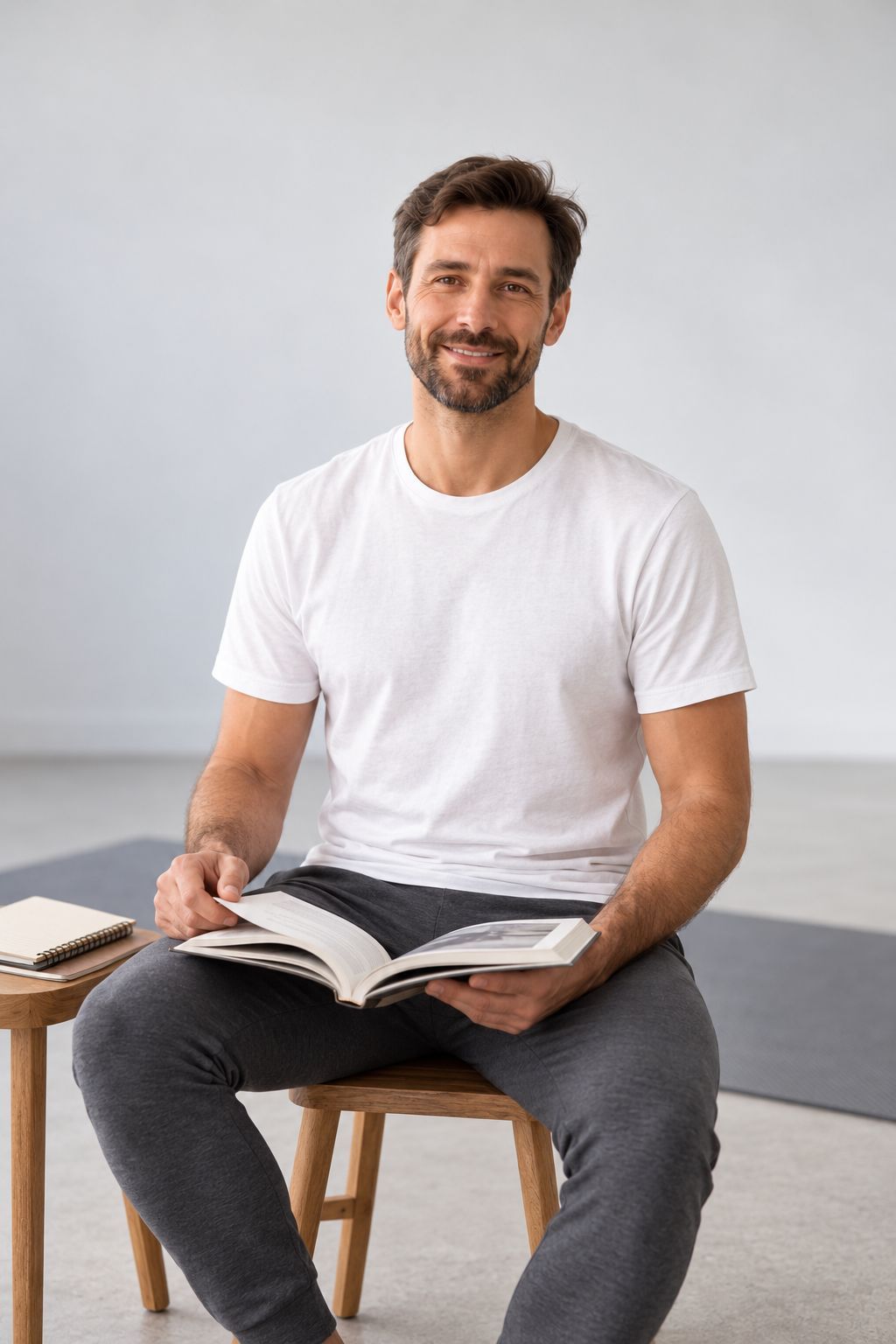 Rodrigo sentado no estúdio, com um livro sobre yoga aberto no colo