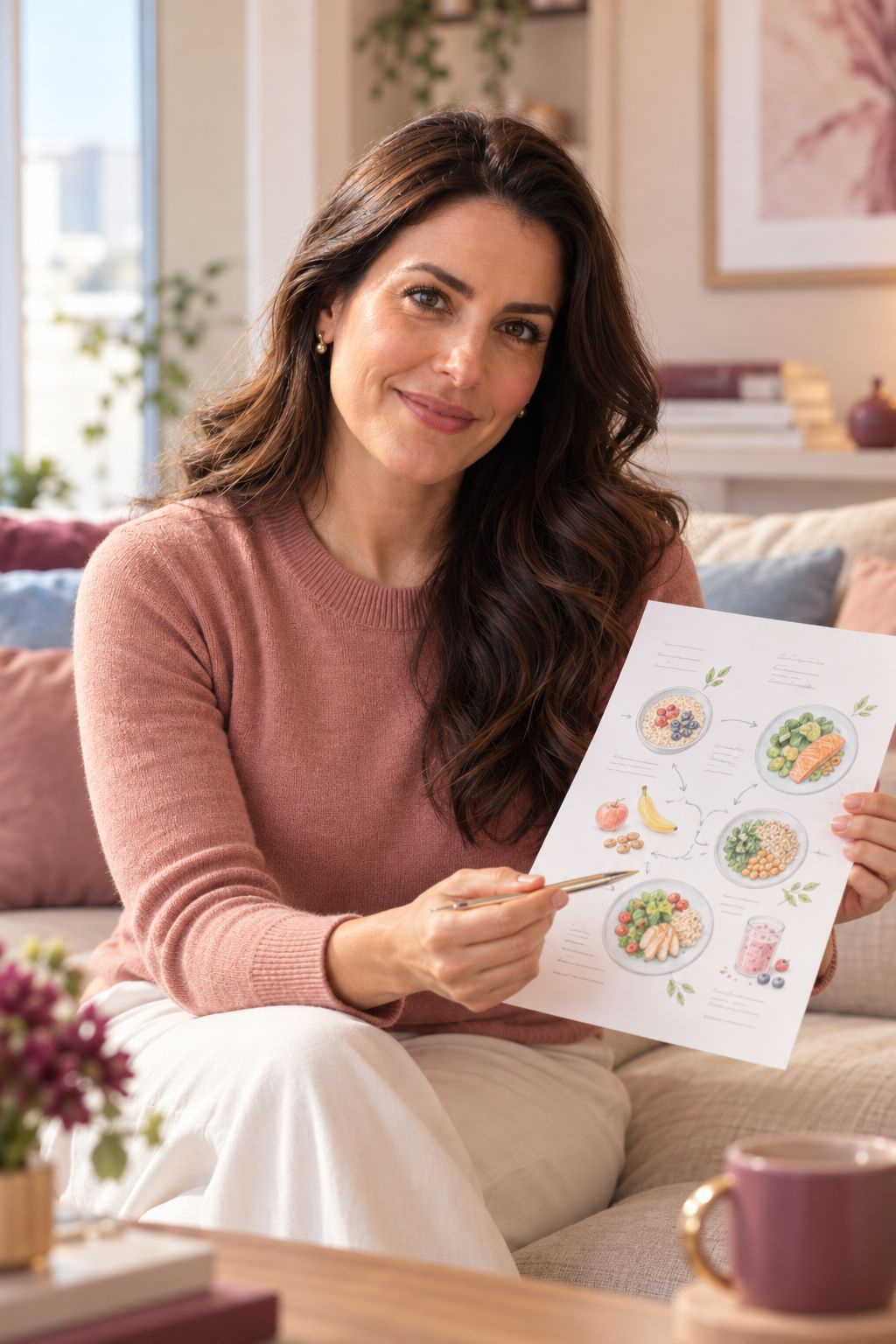 Yasmin à mesa, mostrando um esquema de refeições desenhado à mão