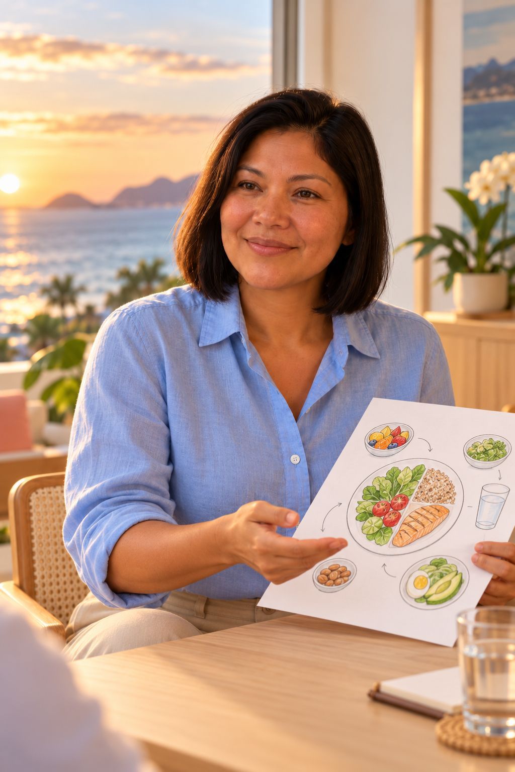 Ana à mesa, mostrando um esquema de refeições desenhado à mão