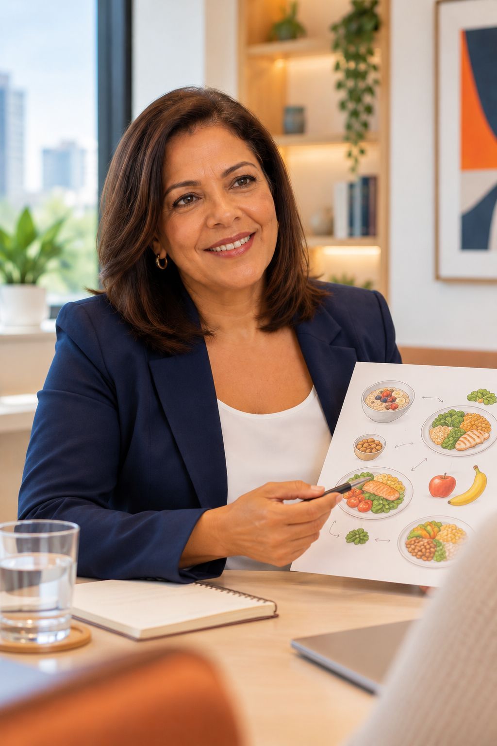 Denise à mesa, mostrando um esquema de refeições desenhado à mão