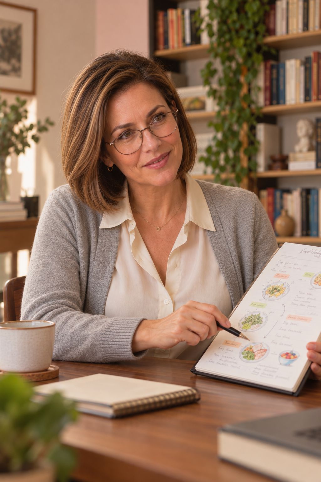 Clarice à mesa, mostrando um esquema de refeições desenhado à mão