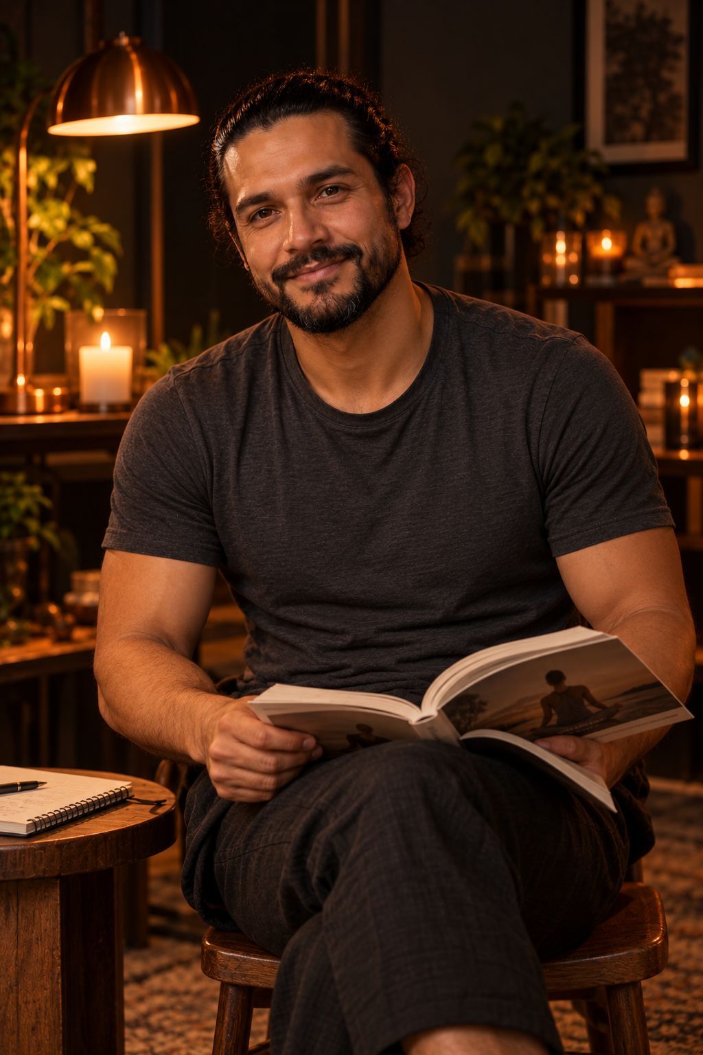 Thiago sentado no estúdio, com um livro sobre yoga aberto no colo