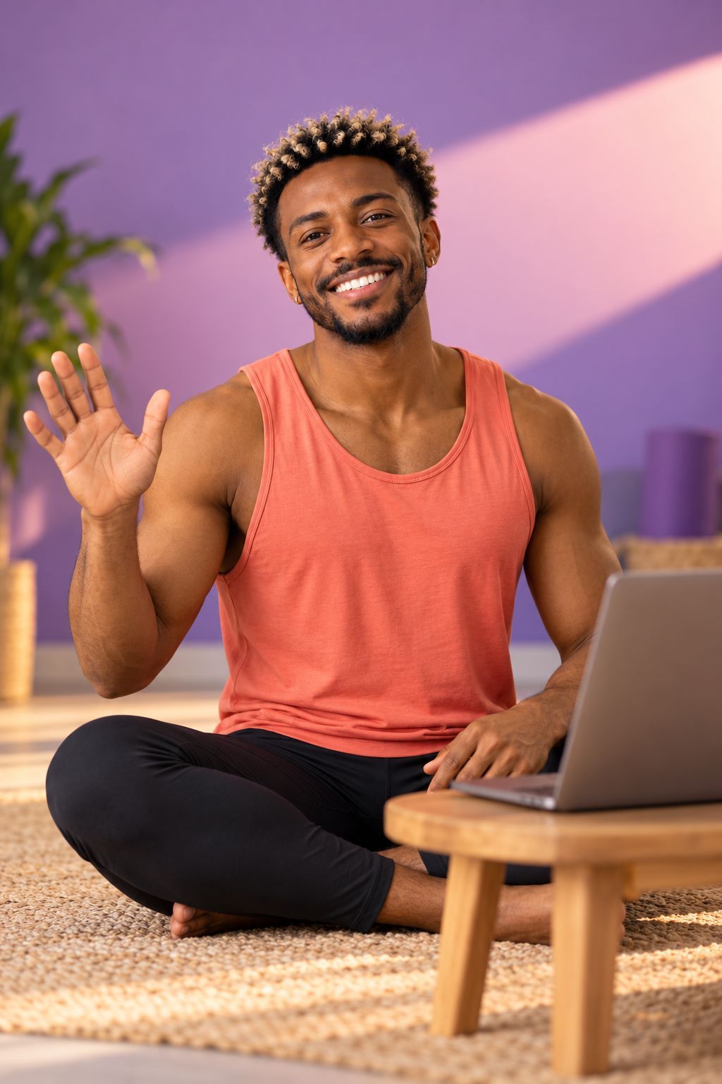Diego no tapete, diante do notebook, começando uma aula online