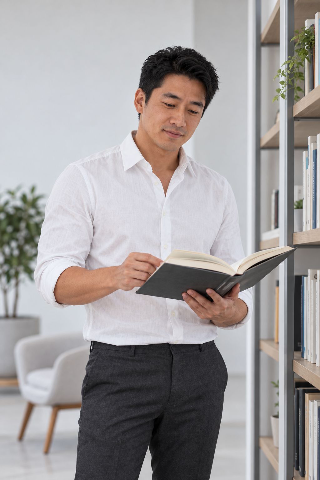 Daniel perto da estante, folheando um livro