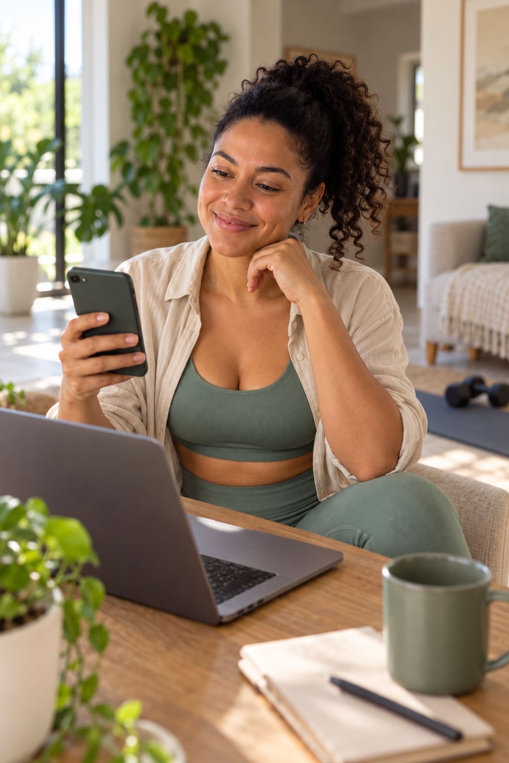 Júlia revendo no celular e no notebook o vídeo de um exercício