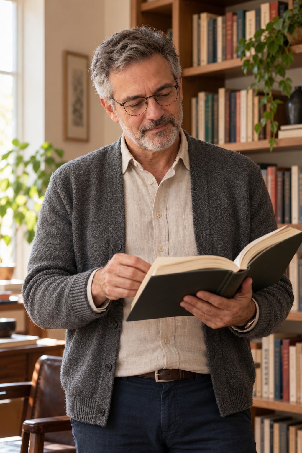 Tomás numa poltrona diante da estante, com um livro aberto nas mãos