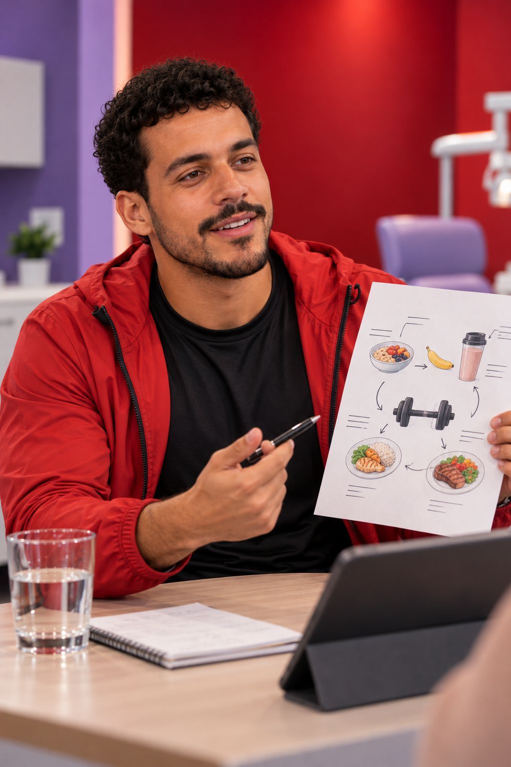 Lucas à mesa, mostrando uma folha com um esquema de refeições