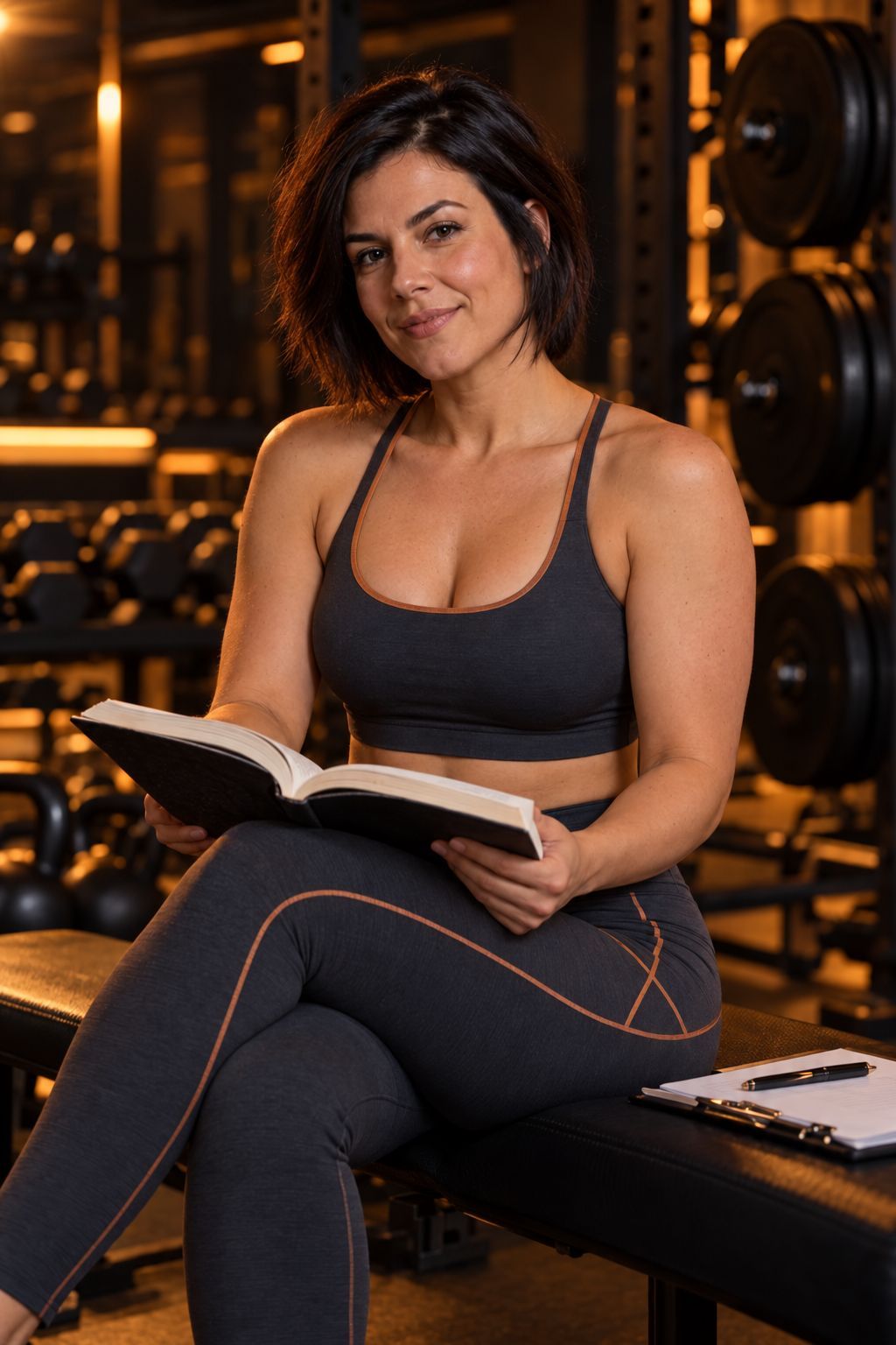 Natália sentada num banco do estúdio, com um livro sobre treino aberto no colo