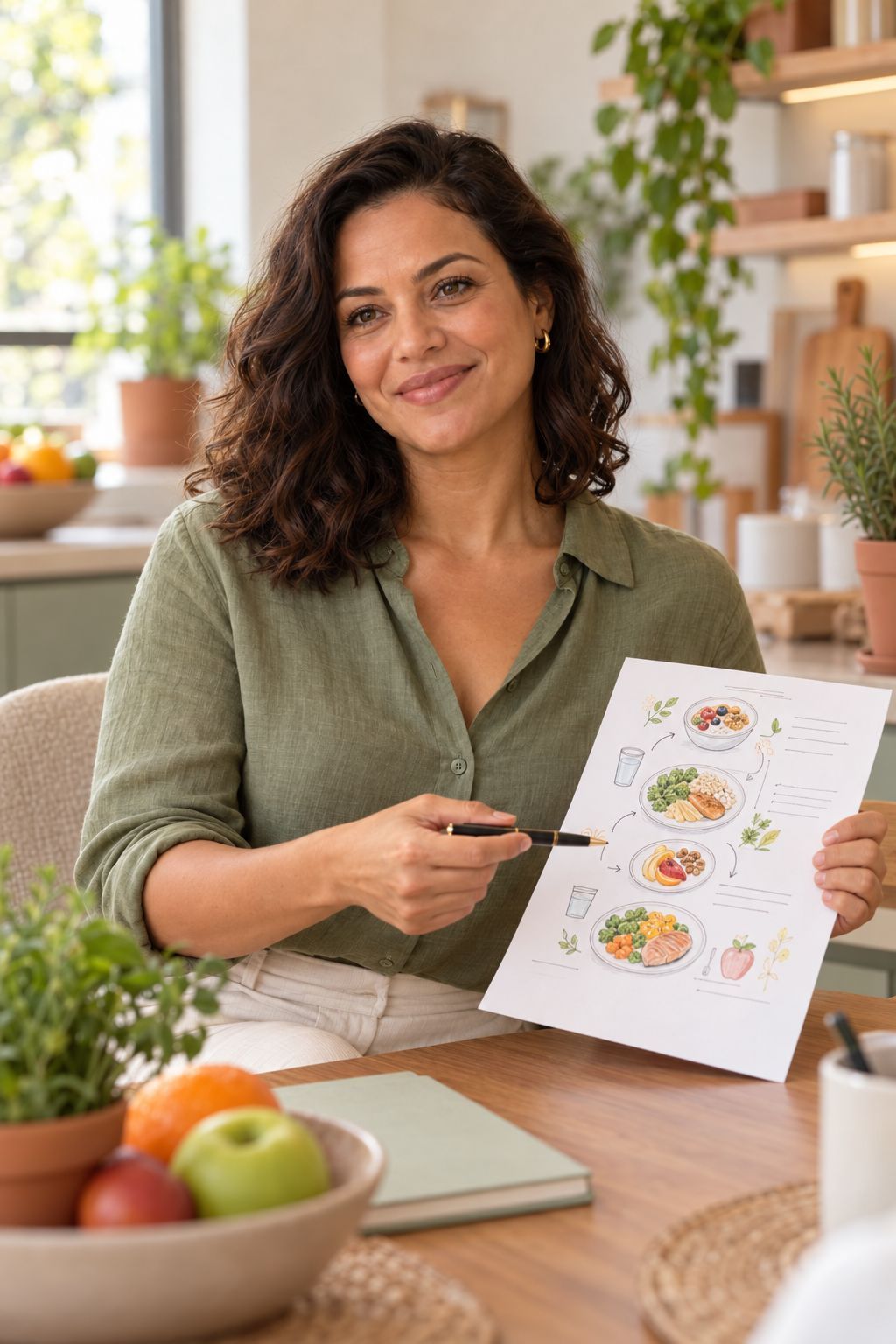 Marta à mesa, mostrando com a caneta um esquema de refeições desenhado à mão