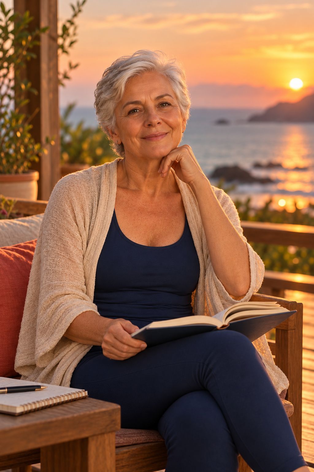 Cecília sentada na varanda de madeira, com um livro sobre yoga aberto no colo