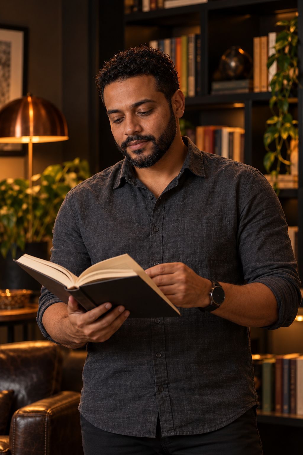 Gabriel numa poltrona diante da estante, com um livro aberto nas mãos