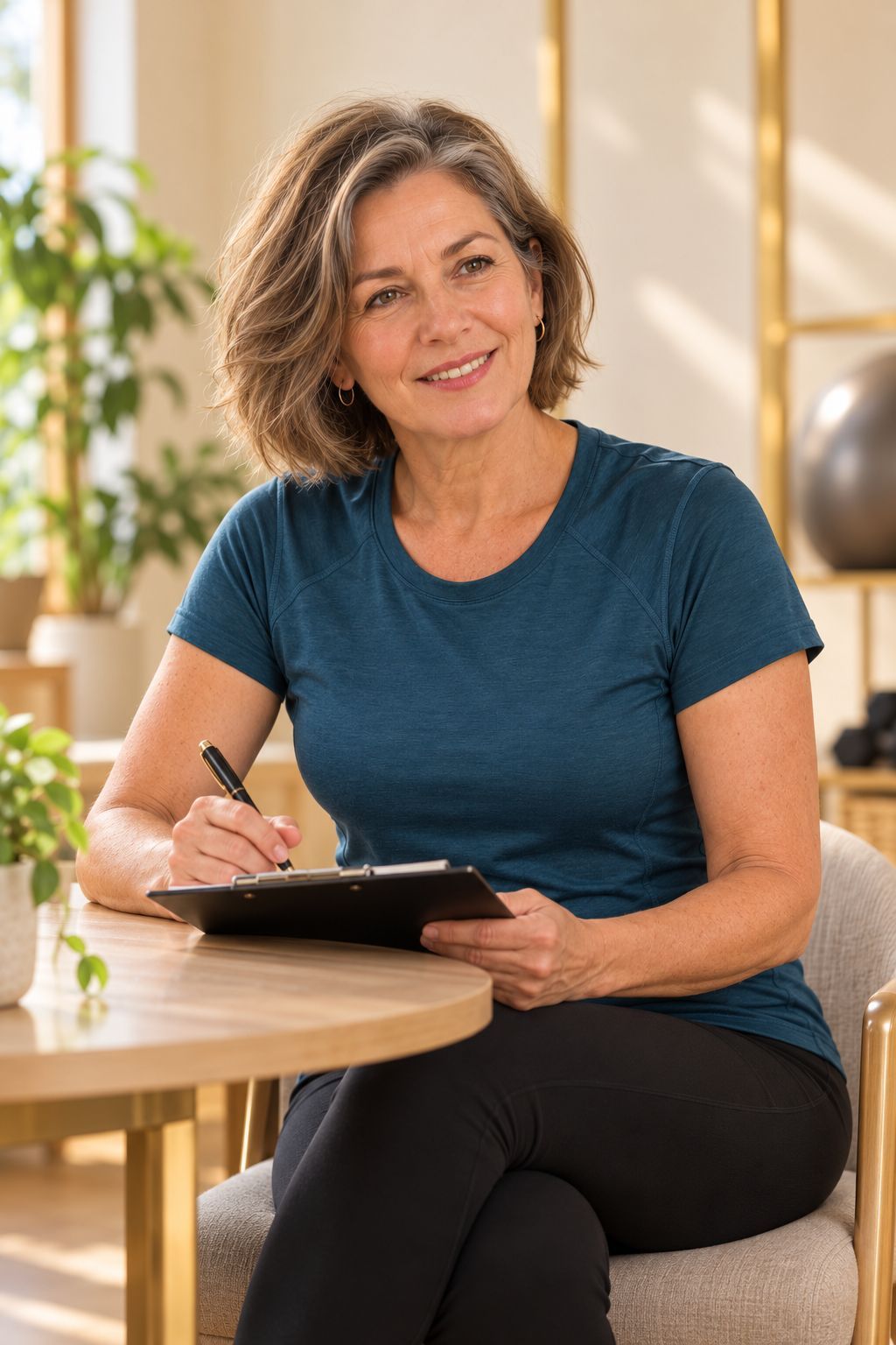 Sílvia com uma prancheta, conversando com atenção no começo de uma avaliação