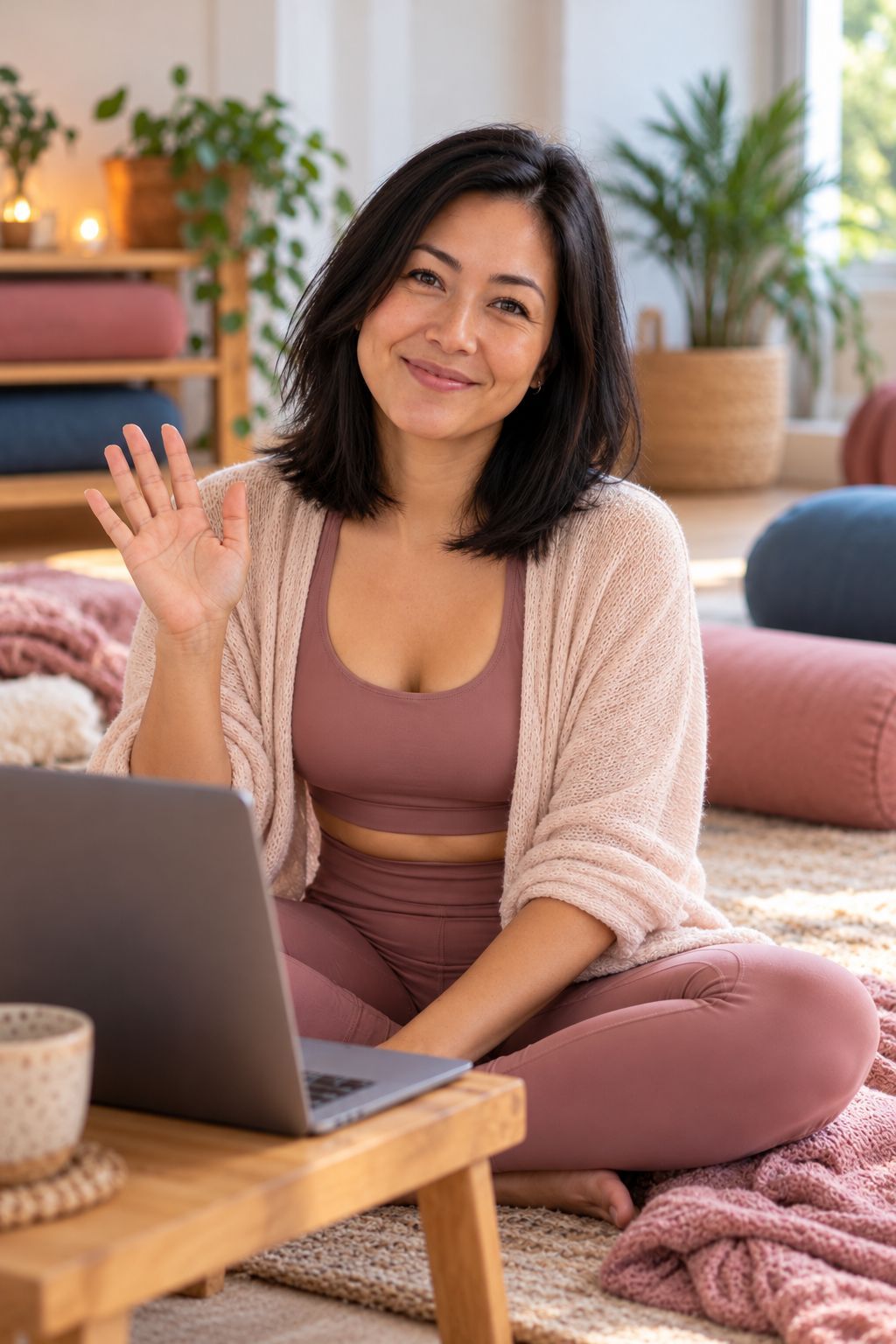 Ana Clara no tapete, diante do notebook, começando uma aula online