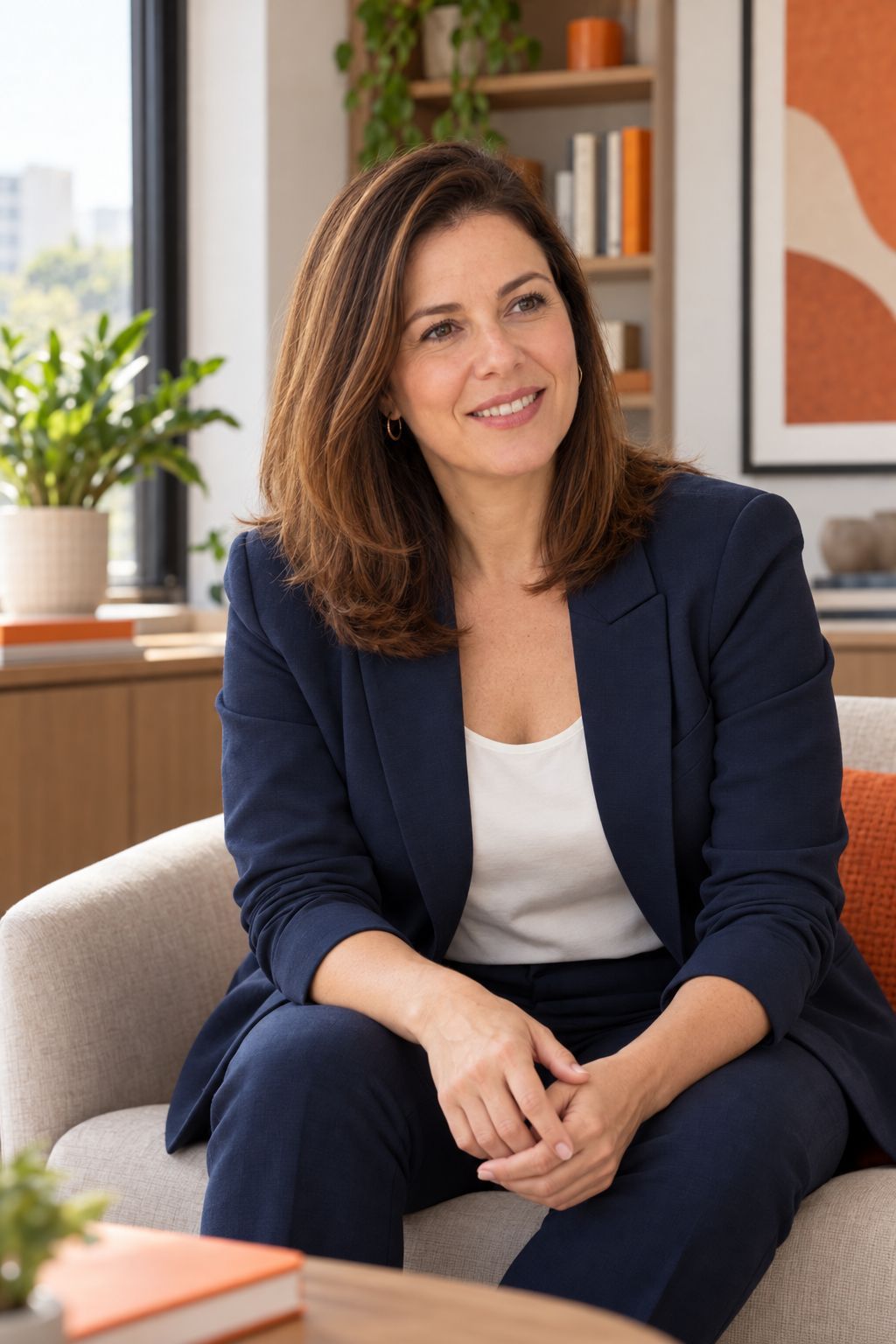 Fernanda numa poltrona, escutando com atenção