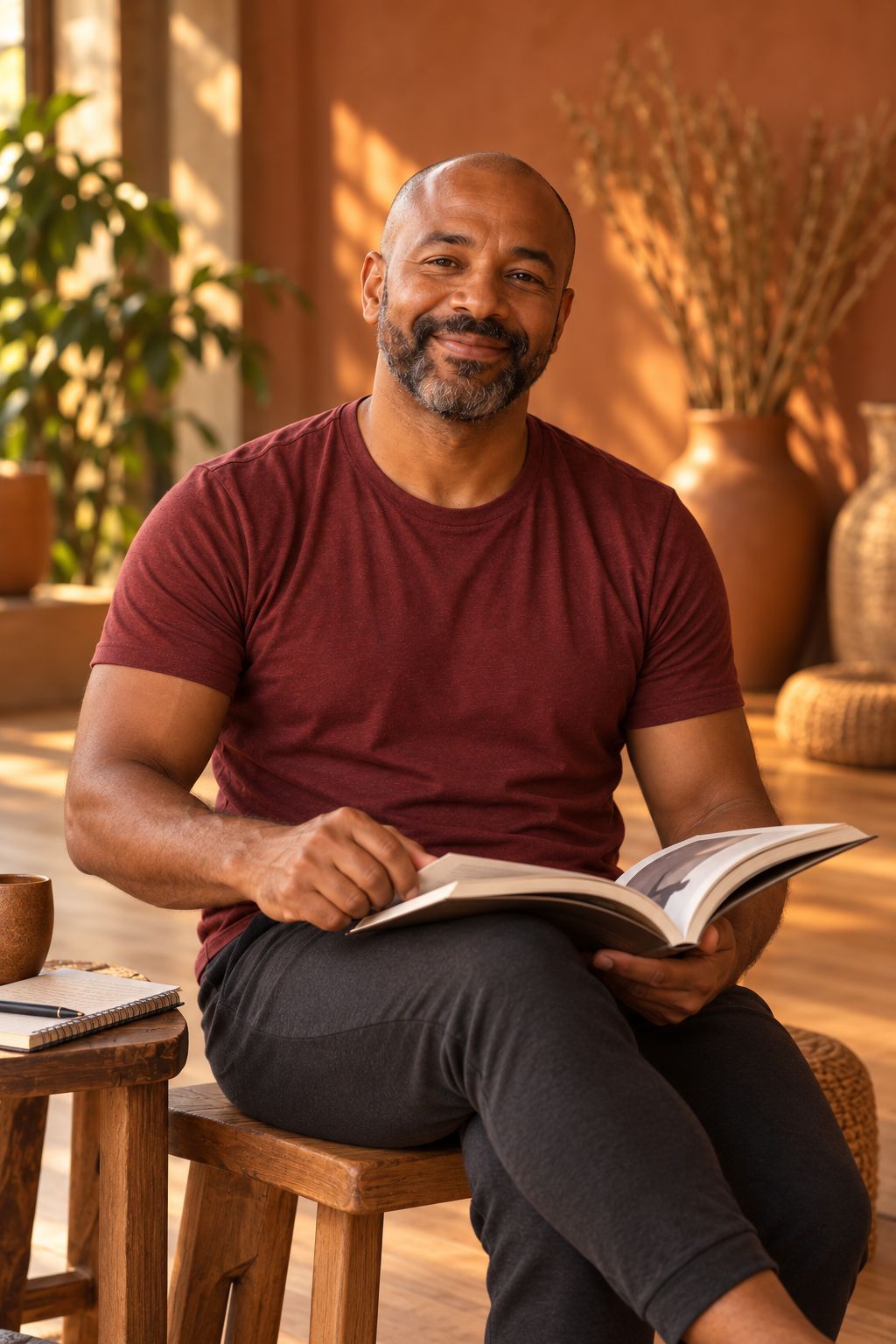 André sentado no estúdio, com um livro sobre yoga aberto no colo