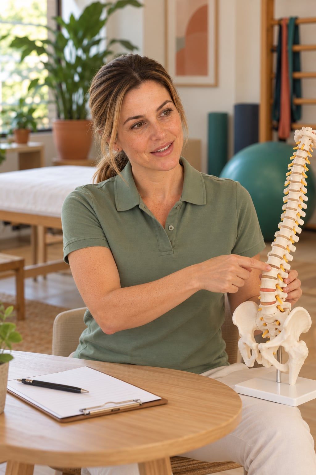 Larissa à mesa, mostrando um modelo de coluna vertebral, como quem explica a avaliação