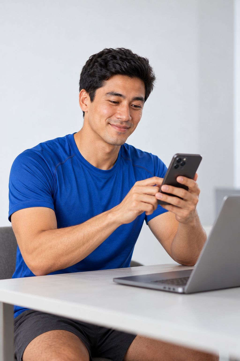 Hiro revendo no celular e no notebook o vídeo de um exercício