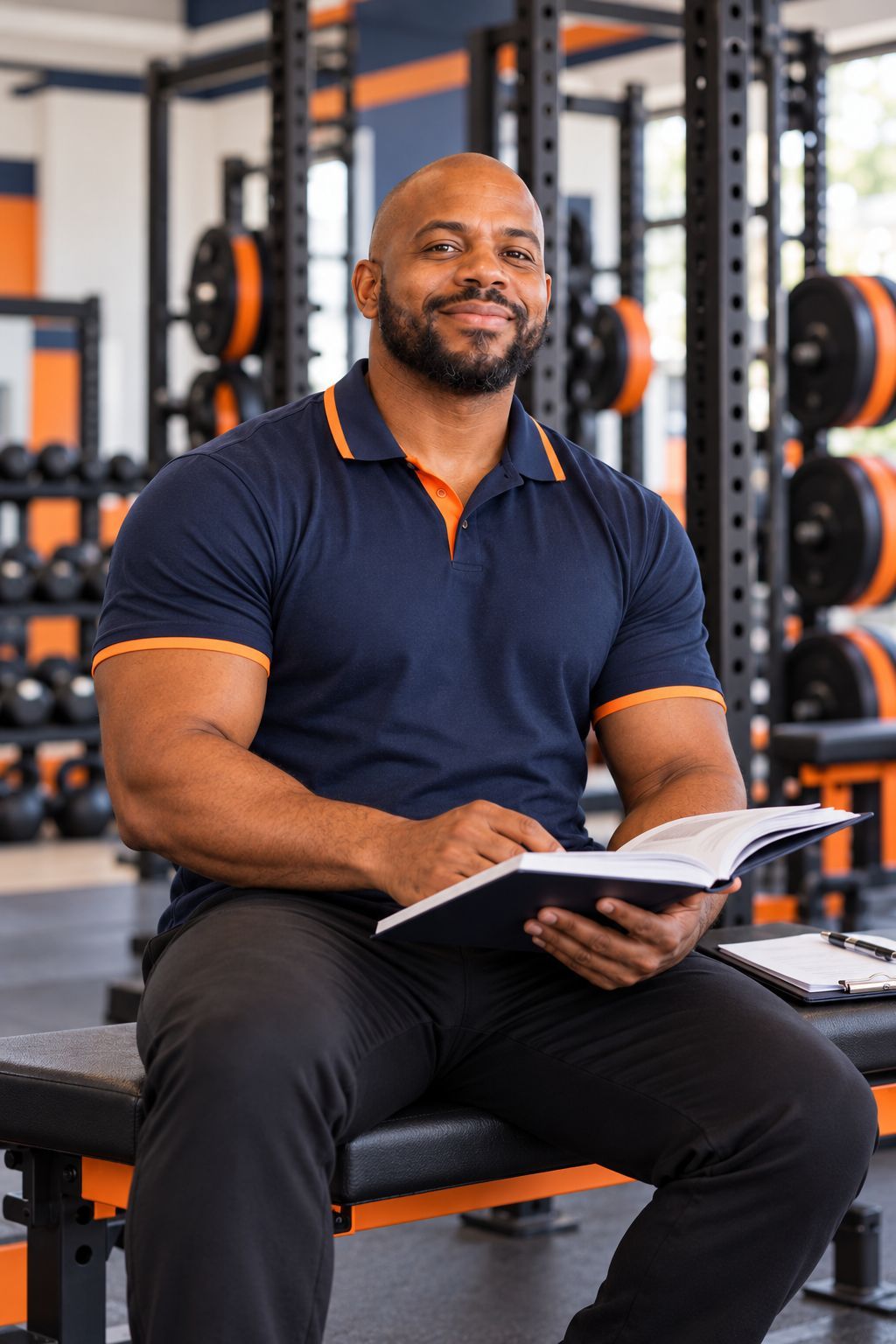 Ricardo sentado num banco do estúdio, com um livro sobre treino aberto no colo