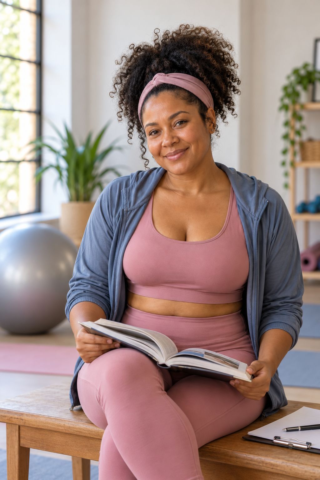 Débora sentada num banco do estúdio, com um livro sobre treino aberto no colo