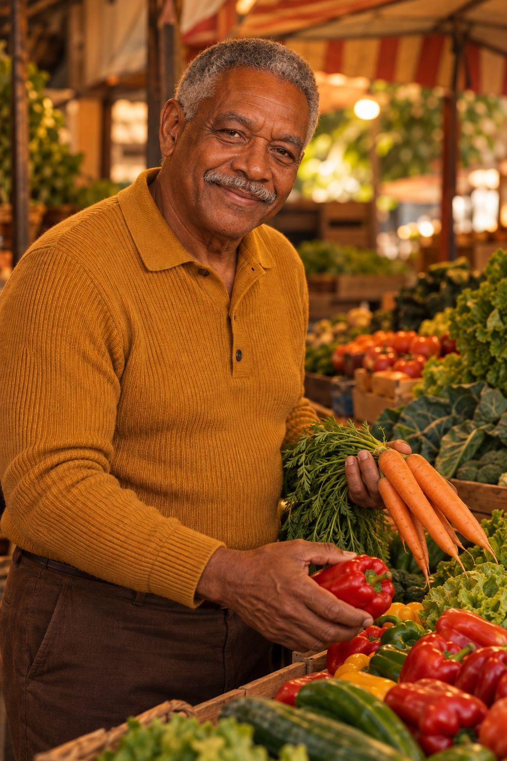 Joaquim numa feira, escolhendo legumes frescos