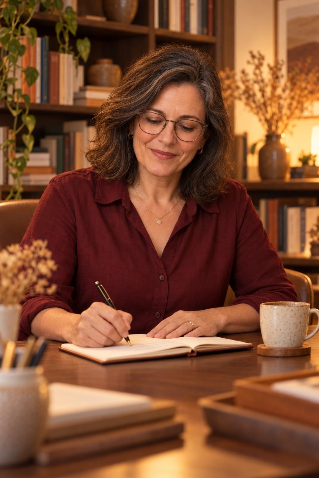Helena à mesa do consultório, escrevendo num caderno