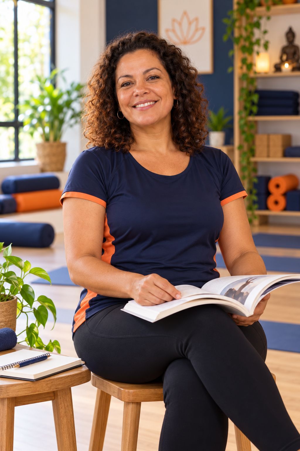 Paula sentada no estúdio, com um livro sobre yoga aberto no colo