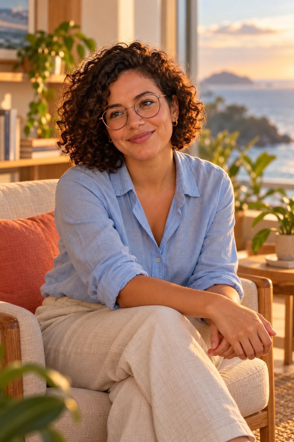 Luana numa poltrona, escutando com atenção